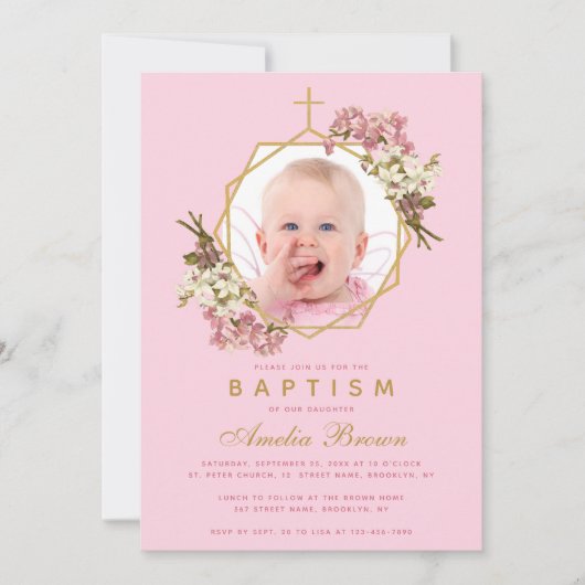 Baptism Roze meisje Foto Orchids Floral Geometric Kaart (Voorkant)