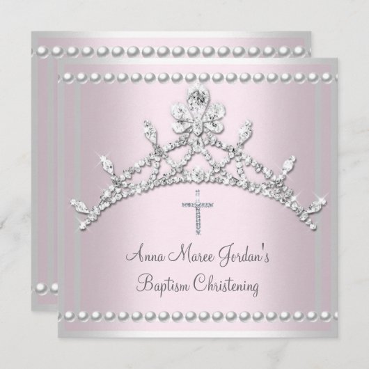 Baptism Roze Tiara Silver White Pearl Diamond Kaart (Voorkant / Achterkant)