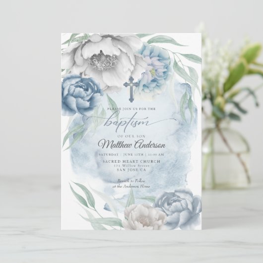 BAPTISM Rustic Dusty Blue Alabaster Flowers Kaart (Staand voorkant)