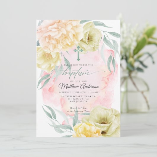 BAPTISM Rustic Ivory Coral Yellow Floral Kaart (Staand voorkant)