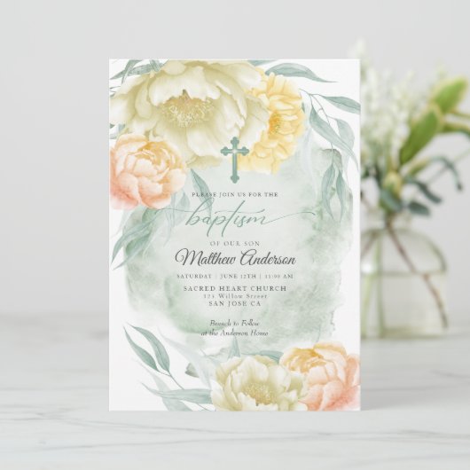 BAPTISM Rustic Ivory Lemon Yellow Floral Kaart (Staand voorkant)