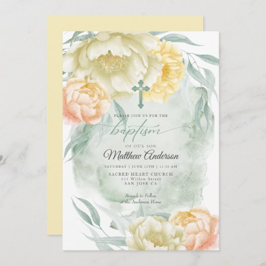 BAPTISM Rustic Ivory Lemon Yellow Floral Kaart (Voorkant / Achterkant)