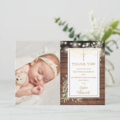 Baptism Rustic String Lights Greenery Foto Bedankkaart (Staand voorkant)