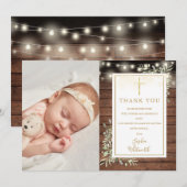 Baptism Rustic String Lights Greenery Foto Bedankkaart (Voorkant / Achterkant)