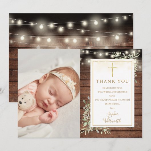 Baptism Rustic String Lights Greenery Foto Bedankkaart (Voorkant / Achterkant)