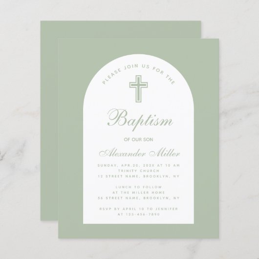 Baptism Sage Budget Arch Green Script Invitation (Voorkant / Achterkant)
