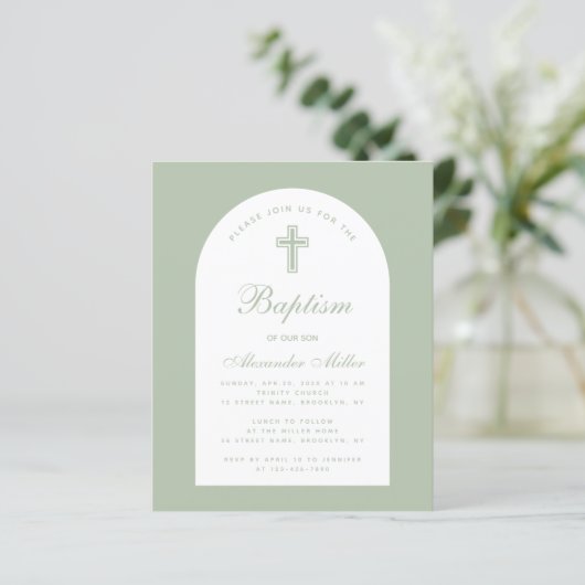 Baptism Sage Budget Arch Green Script Invitation (Staand voorkant)