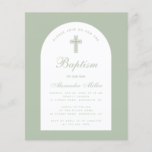 Baptism Sage Budget Arch Green Script Invitation (Voorkant)