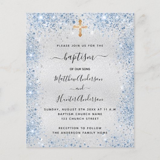Baptism Silver Blauw twin boys budget uitnodiging Flyer (Voorkant)