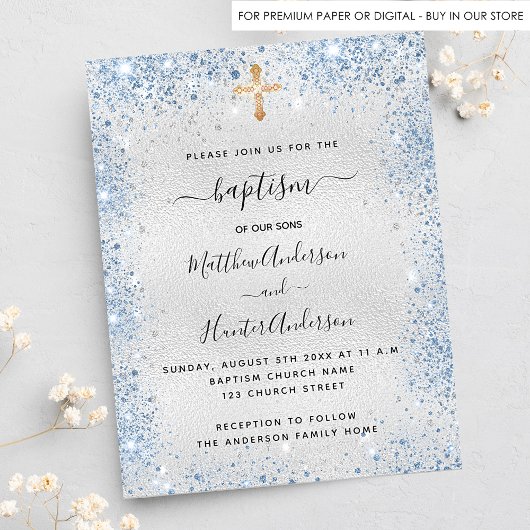 Baptism Silver Blauw twin boys budget uitnodiging Flyer