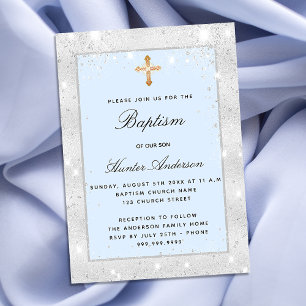 Baptism Silver Blue Boy sparkles script luxe Kaart