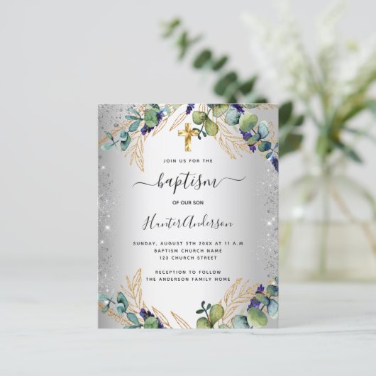 Baptism Silver Eucalyptus greenery-uitnodiging (Staand voorkant)