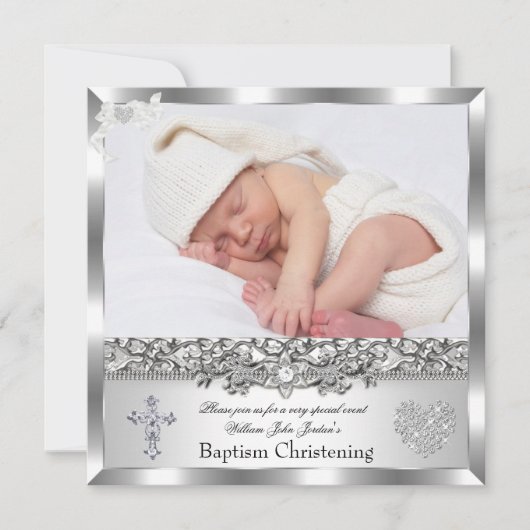 Baptism Silver Photo Heart Cross Boy of Girl Kaart (Voorkant)