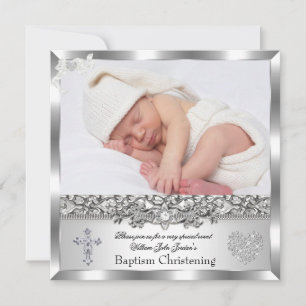 Baptism Silver Photo Heart Cross Boy of Girl Kaart