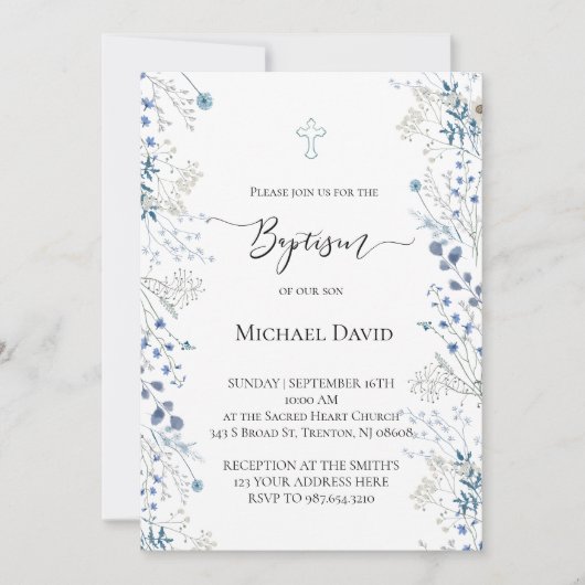 Baptism small blue watercolor flowers kaart (Voorkant)