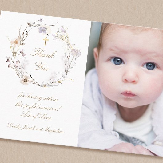 Baptism thank you  wildflowers wreath invitation kaart
