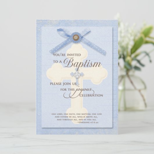 Baptism Uitnodiging - Blauw met kruis en ribbo (Staand voorkant)