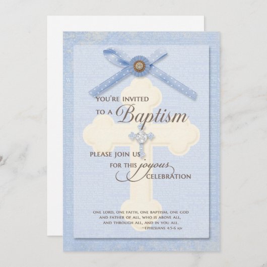 Baptism Uitnodiging - Blauw met kruis en ribbo (Voorkant / Achterkant)