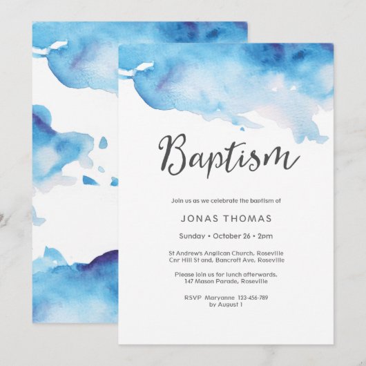 Baptism-uitnodiging | blauwe waterverf kaart (Voorkant / Achterkant)