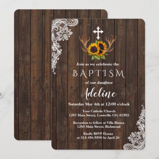 Baptism-uitnodiging | Boho Sunflower Antlers Lace Kaart (Voorkant / Achterkant)