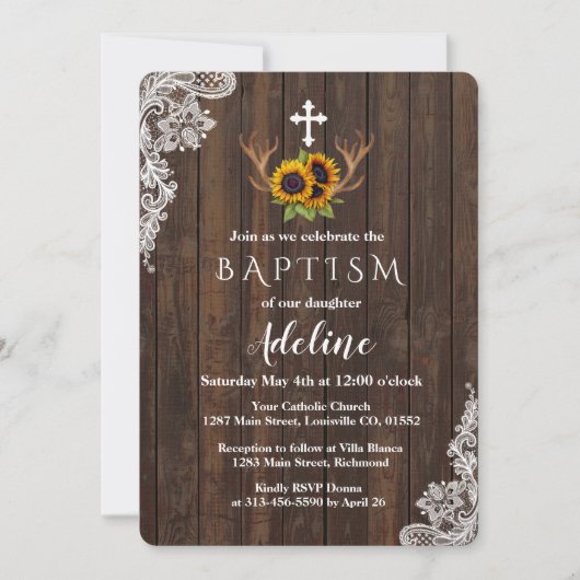 Baptism-uitnodiging | Boho Sunflower Antlers Lace Kaart (Voorkant)