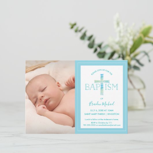 Baptism Uitnodiging - Jongen's Foto uitnodigen (Staand voorkant)