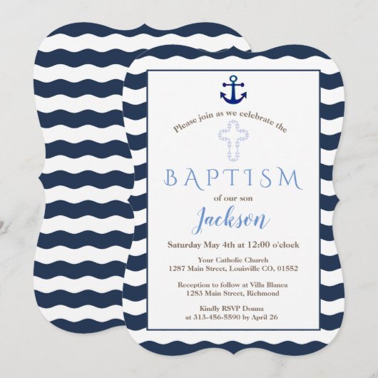 Baptism-uitnodiging | Nautical Navy Waves Anchor Kaart (Voorkant / Achterkant)