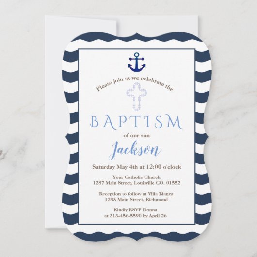 Baptism-uitnodiging | Nautical Navy Waves Anchor Kaart (Voorkant)