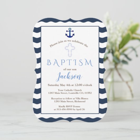 Baptism-uitnodiging | Nautical Navy Waves Anchor Kaart (Staand voorkant)
