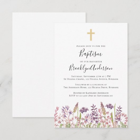 Baptism-uitnodiging | Wilde bloem Kaart (Voorkant / Achterkant)