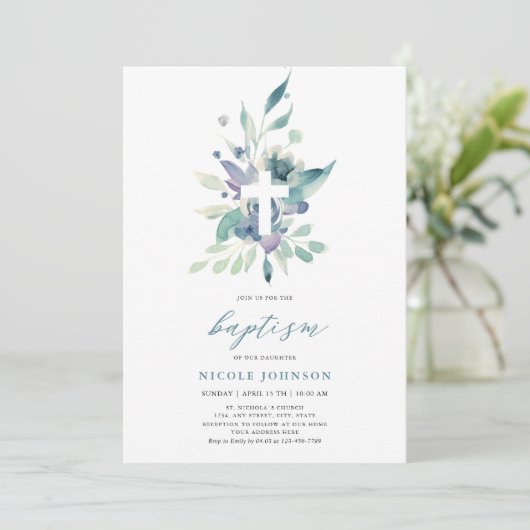 Baptism Violet Blue Florals Elegance Invitation Kaart (Staand voorkant)