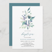 Baptism Violet Blue Florals Elegance Invitation Kaart (Voorkant / Achterkant)