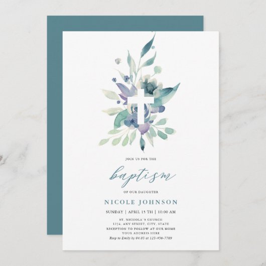 Baptism Violet Blue Florals Elegance Invitation Kaart (Voorkant / Achterkant)