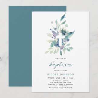 Baptism Violet Blue Florals Elegance Invitation Kaart