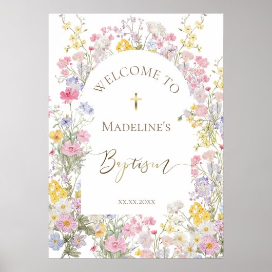 Baptism watercolor meadow flowers welcome poster (Voorkant)
