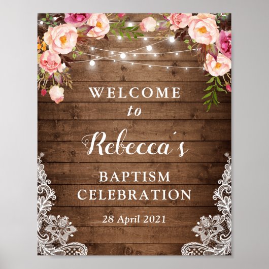 Baptism Welkomstteken Rustic Floral String Lights Poster (Voorkant)