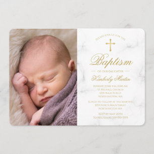 Baptism White Marble Gold Cross Script Photo Girl Kaart