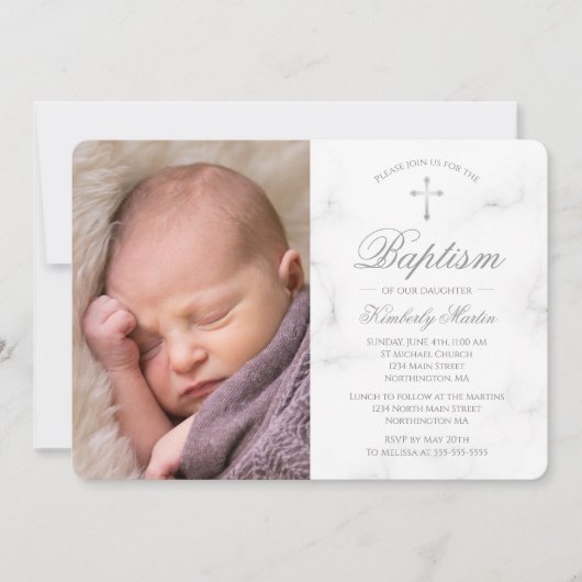 Baptism White Marble Silver Cross Photo Girl Kaart (Voorkant)