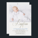 Baptism White Photo Invitation Kaart<br><div class="desc">Een geheel witte doopuitnodiging die perfect is voor beide geslachten. Voeg gewoon uw favoriete foto toe. Om het geslacht te benadrukken, verander eenvoudig de kleur van de naam in blauw of roze. Het kruis kan naar elke locatie worden gesleept, groter of kleiner worden of worden verwijderd. De kaart is eenvoudig...</div>
