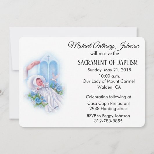 Baptismal Baby Boy Blauwe Bloemen Uitnodiging (Voorkant)