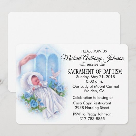 Baptismal Baby Boy Blauwe Bloemen Uitnodiging (Voorkant / Achterkant)