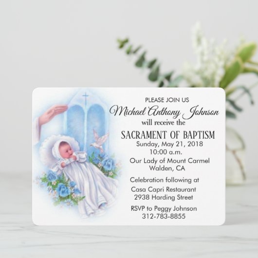 Baptismal Baby Boy Blauwe Bloemen Uitnodiging (Staand voorkant)