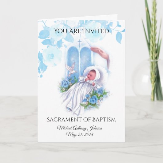 Baptismal Baby Boy Blue Flowers Invitation Kaart (Voorkant)