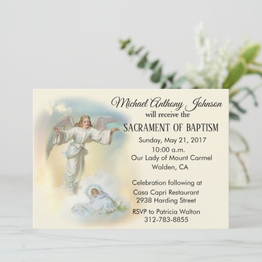 Baptismal Baby Boy Guardian Angel Uitnodiging (Staand voorkant)