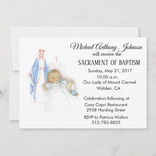 Baptismal Baby Boy Maagd Maria Uitnodiging (Voorkant)
