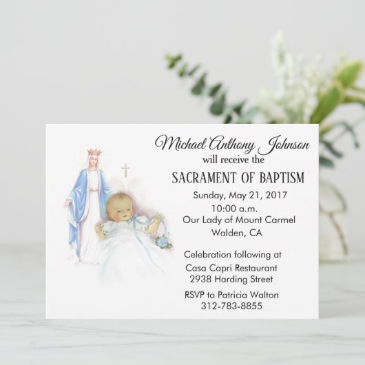Baptismal Baby Boy Maagd Maria Uitnodiging (Staand voorkant)