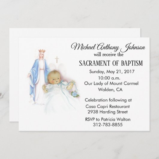 Baptismal Baby Boy Maagd Maria Uitnodiging (Voorkant / Achterkant)