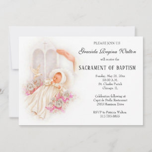 Baptismal Baby Girl Pink Flowers Uitnodiging