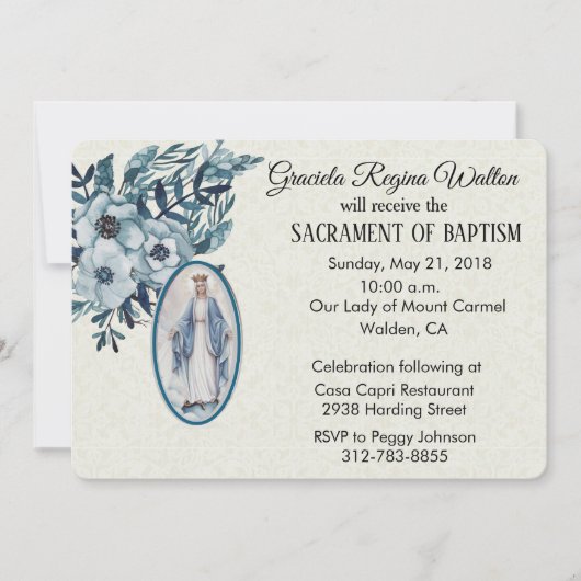 Baptismal Baby Virgin Mary Blue Flowers Invitation Kaart (Voorkant)