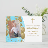 Baptisme 1e verjaardag Blue Gold Text Foto Kaart (Staand voorkant)